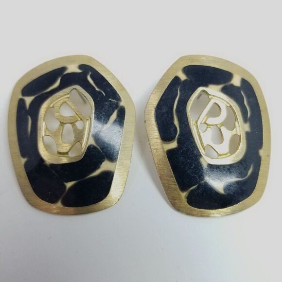 Vintage Berebi Black Enamel and Gold Tone Stud Earrings Cut Out Design 80s Style - Picture 2 of 7
